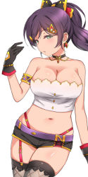 Rule 34 | 1girl, alternate hairstyle, armlet, bare shoulders, black gloves, bow, breasts, butterfly hair ornament, choker, cleavage, commentary request, duke (inu daimyou), earrings, garter straps, gloves, green eyes, hair bow, hair ornament, jewelry, large breasts, long hair, looking at viewer, love live!, love live! school idol festival, love live! school idol project, navel, panty straps, ponytail, purple hair, shirt, short shorts, shorts, simple background, single garter strap, solo, strapless, thighhighs, tojo nozomi, tube top, white background, white shirt