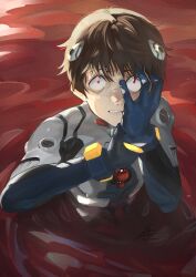 Rule 34 | 1boy, blood, brown hair, fadingz, frown, hand up, highres, ikari shinji, interface headset, male focus, neon genesis evangelion, partially submerged, plugsuit, pool of blood, red eyes, scared, short hair, solo, wide-eyed
