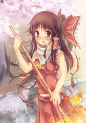 Rule 34 | 1girl, absurdres, adapted costume, ascot, autumn leaves, bad id, bad pixiv id, bamboo, bare arms, blush, bow, brown eyes, brown hair, cherry blossoms, female focus, hair bow, hair tubes, hakurei reimu, highres, looking at viewer, midriff, navel, open mouth, petals, scarf, shinonome ukyu, shirt, skirt, skirt set, solo, touhou, tree