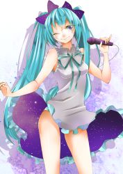 1girl absurdres aqua_hair blue_eyes dress female_focus hatsune_miku highres long_hair masumofu microphone one_eye_closed panties smile solo striped_clothes striped_panties twintails underwear very_long_hair vocaloid wink