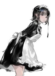 Rule 34 | 1girl, absurdres, apron, arms behind back, black dress, black hair, bob cut, cowboy shot, dress, from side, highres, leaning forward, long sleeves, looking at viewer, maid, maid apron, maid headdress, mo011010, original, parted lips, short hair, simple background, solo, standing, white apron, white background