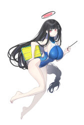 Rule 34 | 1girl, absurdres, alternate costume, arm behind back, barefoot, black hair, blue archive, blunt bangs, breasts, clipboard, echj, full body, hair ornament, hairclip, halo, highleg, highleg swimsuit, highres, holding, holding clipboard, holding pen, large breasts, long hair, one-piece swimsuit, pen, red eyes, rio (blue archive), smile, swimsuit, two-tone swimsuit, white background