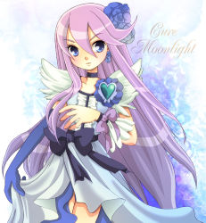 Rule 34 | 10s, 1girl, asymmetrical clothes, bad id, bad pixiv id, blue eyes, blue flower, blue rose, bow, brooch, choker, cure moonlight, dress, earrings, elbow gloves, eyelashes, female focus, flower, gloves, gradient background, heart, heart brooch, heartcatch precure!, hiyopuko, jewelry, long hair, magical girl, plant, precure, purple hair, ribbon, rose, single elbow glove, single glove, solo, tsukikage yuri, waist bow, white background, wrist cuffs