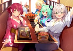 Rule 34 | 5girls, :d, aqua kimono, arm up, blonde hair, blue hair, blue kimono, braid, breasts, carrot, cleavage, closed mouth, collarbone, cup, dark-skinned female, dark skin, double bun, drinking straw, drooling, feeding, floral print, food, food in mouth, french braid, french fries, green eyes, green hair, hair between eyes, hair bun, hair ribbon, hand on own chin, head on table, head rest, heterochromia, highres, holding, holding cup, holding spoon, hololive, houshou marine, indoors, japanese clothes, kimono, large breasts, meat, mugicho (kdks5554), multicolored clothes, multicolored hair, multicolored kimono, multiple girls, on bench, open mouth, parfait, ponytail, red eyes, red hair, red kimono, red ribbon, restaurant, ribbon, shiranui flare, shirogane noel, sitting, small breasts, smile, sparkling eyes, spoon, streaked hair, table, thick eyebrows, twintails, uruha rushia, usada pekora, virtual youtuber, waving, white hair, white kimono, wide sleeves, yellow eyes