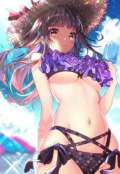 Rule 34 | 1girl, bad id, bad twitter id, bare arms, bare shoulders, bikini, black bikini, blue sky, breasts, brown eyes, brown hair, brown hat, closed mouth, cloud, commentary request, cowboy shot, day, floating hair, food, frills, fujiya takao, groin, hand up, hat, hat ribbon, highres, holding, long hair, looking at viewer, medium breasts, navel, original, popsicle, red ribbon, ribbon, skindentation, sky, smile, solo, stomach, straw hat, sunlight, sweat, swimsuit