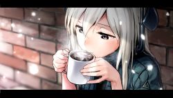 Rule 34 | 10s, 1girl, blue eyes, blush, coffee, cup, drinking glass, hat, kantai collection, kinosuke (sositeimanoga), letterboxed, long hair, silver hair, snowing, solo, u-511 (kancolle)