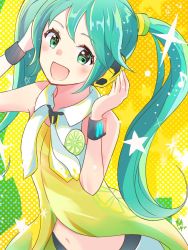 Rule 34 | 1girl, aoiyui, aqua eyes, aqua hair, badge, bare shoulders, food, fruit, hair tie, hand on headphones, hatsune miku, headphones, lime (fruit), lime print, lime slice, long hair, looking at viewer, midriff, navel, necktie, open mouth, project diva (series), shirt, sleeveless, sleeveless shirt, smile, solo, sparkle, star (symbol), twintails, upper body, very long hair, vocaloid, white necktie, wrist cuffs, yellow (vocaloid), yellow background, yellow shirt