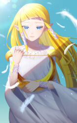 Rule 34 | 1girl, blonde hair, blue eyes, blunt bangs, bracelet, commentary request, dress, feathers, harp, highres, holding, holding instrument, instrument, jewelry, jimaku, lens flare, long hair, nintendo, pointy ears, princess zelda, sidelocks, solo, the legend of zelda, the legend of zelda: skyward sword, upper body, white dress, wide sleeves