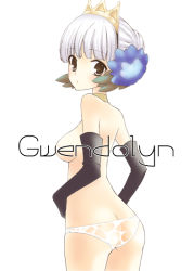 Rule 34 | 1girl, breasts, brown eyes, character name, elbow gloves, gloves, gwendolyn (odin sphere), mika mikan, nipples, odin sphere, panties, short hair, silver hair, small breasts, solo, topless, underwear