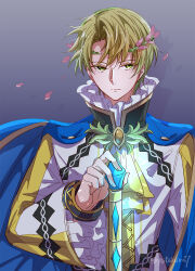 Rule 34 | 1boy, alfred (fire emblem), blonde hair, blue cape, cape, circlet, closed mouth, falling petals, fire emblem, fire emblem engage, frilled sleeves, frills, green eyes, high collar, highres, holding, holding sword, holding weapon, long sleeves, looking at viewer, nintendo, petals, short hair, simple background, solo, sword, weapon, yutohiroya