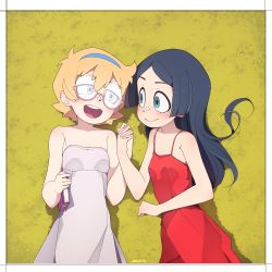 Rule 34 | 2girls, absurdres, bad id, bad pixiv id, barbara parker, bare shoulders, black hair, blonde hair, blue eyes, book, border, dress, from above, glasses, hair between eyes, half-closed eyes, hay, highres, holding, holding book, holding hands, little witch academia, long hair, looking at another, lotte jansson, lying, mole, mole under eye, multiple girls, once 11h, open mouth, red dress, short hair, sleeveless, smile, teeth, upper body, upper teeth only, white border, white dress, yellow background, yuri