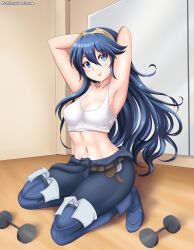 Rule 34 | 1girl, absurdres, armpits, arms behind head, arms up, blue eyes, blue hair, blush, breasts, falchion (fire emblem), fingerless gloves, fire emblem, fire emblem awakening, fire emblem heroes, gloves, hair between eyes, highres, kneeling, long hair, looking at viewer, lucina (fire emblem), medium breasts, navel, nintendo, patdarux, shirt, simple background, smile, solo, sword, symbol-shaped pupils, thighhighs, tiara, undressing, very long hair, weapon