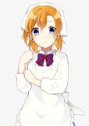 Rule 34 | 1girl, apron, blue eyes, blush, bow, bowtie, chisumi, closed mouth, hand up, head scarf, highres, kosaka honoka, light blush, looking at viewer, love live!, love live! school idol festival, love live! school idol project, multicolored neckwear, one side up, orange hair, short hair, simple background, solo, standing, white apron, white background