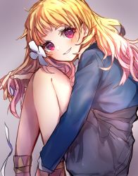Rule 34 | 1girl, blonde hair, blue jacket, blush, from side, gradient hair, grey background, grey skirt, hand in own hair, highres, jacket, looking at viewer, love live!, love live! superstar!!, multicolored hair, onitsuka natsumi, ouga 0505, parted lips, pink hair, school uniform, sitting, skirt, smile, solo, yuigaoka school uniform