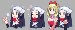 Rule 34 | 2girls, akari (pokemon), black eyes, black hair, blonde hair, blue eyes, clenched hand, closed eyes, closed mouth, creatures (company), galaxy expedition team survey corps uniform, game freak, grey background, head scarf, highres, irida (pokemon), jewelry, kaneni, multiple girls, multiple views, neck ring, nintendo, notice lines, open mouth, pokemon, pokemon legends: arceus, red scarf, scarf, simple background, sparkle, upper body