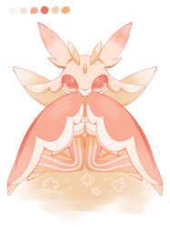 Rule 34 | 1girl, antennae, arthropod girl, color guide, colored skin, creatures (company), female focus, flower, forehead jewel, full body, game freak, gem, gen 7 pokemon, grass, green gemstone, green wings, hands up, highres, legs, looking at viewer, lurantis, multicolored skin, nintendo, on ground, pink skin, pokemon, pokemon (creature), red eyes, simple background, sitting, solo, straight-on, tensaitou tou, transparent background, wariza, white skin, wings