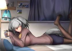Rule 34 | 1girl, alternate breast size, alternate costume, bed, bird tail, breasts, brown pantyhose, can, casual, closed mouth, contemporary, curtains, drawing (object), elbow rest, feet up, grey hair, hair between eyes, hair intakes, hands up, highres, holding, holding can, indoors, john (a2556349), kemono friends, lamp, large breasts, long hair, long sleeves, looking at viewer, lucky beast (kemono friends), lying, multicolored hair, on bed, on stomach, orange hair, pantyhose, pencil skirt, picture frame, pillow, shoebill (kemono friends), sidelocks, skirt, sleeves past wrists, smile, solo, split mouth, sweater, tail, yellow eyes