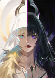 Rule 34 | 2girls, absurdres, black hair, black vs white, blonde hair, blue eyes, closed mouth, collarbone, commentary, final fantasy, final fantasy xiv, gaia (ff14), highres, hood, hood up, hooded robe, lips, long hair, looking at viewer, multicolored hair, multiple girls, nose, purple eyes, purple hair, red lips, red pupils, robe, ryne waters, shuangbatian, split theme, straight-on, streaked hair, upper body, white robe