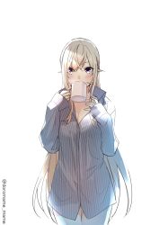 Rule 34 | 1girl, alternate costume, blonde hair, blush, breasts, cleavage, coffee mug, collarbone, collared shirt, commentary request, cup, doromame, drinking, highres, large breasts, long hair, long sleeves, looking at viewer, mug, nakiri erina, purple eyes, shirt, shokugeki no souma, simple background, sleeves past wrists, solo, striped clothes, striped shirt, twitter username, very long hair, white background