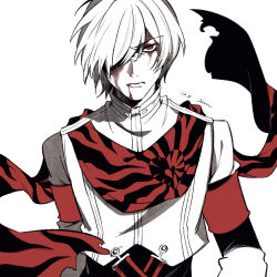 Rule 34 | 1boy, angry, armband, blood, blood from mouth, blood on face, bloody tears, closed mouth, commentary, dated, english commentary, general (module), hair over one eye, headphones, heart, heart print, highres, jacket, kaito (vocaloid), looking at viewer, male focus, no mask, one eye covered, partially colored, project diva (series), red eyes, red scarf, scarf, short hair, simple background, solo, soup dumplin, swept bangs, torn clothes, torn scarf, upper body, vocaloid, wince