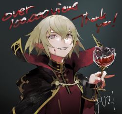 Rule 34 | 1girl, blonde hair, blood, blood on face, cape, cup, flower, fuzi1122, glass, gradient background, hair between eyes, highres, holding, holding cup, original, parted lips, pink eyes, pointy ears, rose, sharp teeth, short hair, signature, smile, solo, teeth, turtleneck, upper body, vampire