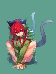 Rule 34 | &gt;:), 1girl, animal ears, bare legs, black bow, bow, braid, cat ears, cat tail, dress, full body, green background, green dress, hair bow, highres, kaenbyou rin, long hair, long sleeves, melon22, multiple tails, nekomata, puffy long sleeves, puffy sleeves, red eyes, red hair, red ribbon, ribbon, simple background, sketch, smile, solo, squatting, tail, touhou, twin braids, two tails, v-shaped eyebrows