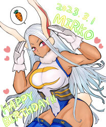 Rule 34 | 1girl, absurdres, animal ears, armpits, arms up, bare shoulders, blue thighhighs, blush, boku no hero academia, breasts, carrot, character name, covered abs, crescent print, dark-skinned female, dark skin, dated, fur collar, gloves, happy birthday, heart, highleg, highleg leotard, highres, large breasts, larmemaru e, leotard, long eyelashes, long hair, looking at viewer, mirko, muscular, muscular female, parted bangs, rabbit ears, rabbit girl, rabbit pose, rabbit tail, red eyes, sleeveless turtleneck leotard, solo, speech bubble, tail, taut leotard, thick thighs, thighhighs, thighs, twitter username, white background, white gloves, white hair, white leotard