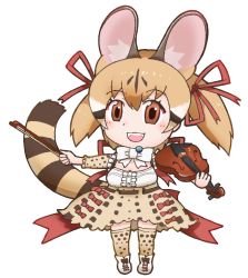 Rule 34 | 1girl, animal costume, animal ear fluff, animal ears, belt, bow, bow (music), bowtie, brown eyes, brown hair, cat ears, cat girl, cat tail, extra ears, hissaa (hisser), holding, holding instrument, holding violin, instrument, kemono friends, kemono friends v project, kneehighs, large-spotted genet (kemono friends), long hair, looking at viewer, microphone, multicolored hair, open mouth, ribbon, shirt, shoes, simple background, skirt, smile, socks, solo, tail, twintails, violin, virtual youtuber