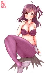 Rule 34 | ahoge, collarbone, dated, fins, hagikaze (kancolle), highres, kanon (kurogane knights), kantai collection, mermaid, monster girl, monsterification, name tag, purple hair, shell, shell bikini, simple background, sitting, solo, white background