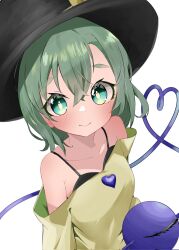 Rule 34 | 1girl, adapted costume, aliz wp514lov, bare shoulders, blush, bra strap, bright pupils, collarbone, from above, green eyes, green hair, hair between eyes, hat, heart, heart of string, highres, komeiji koishi, looking at viewer, medium hair, off-shoulder shirt, off shoulder, petite, shirt, simple background, smile, solo, third eye, touhou, white background, white pupils, yellow shirt
