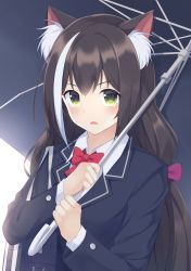 Rule 34 | 1girl, absurdres, animal ear fluff, animal ears, bag, black hair, blazer, bow, bowtie, cat ears, cat girl, commentary request, green eyes, highres, holding, holding umbrella, jacket, karyl (princess connect!), long hair, long sleeves, looking at viewer, low twintails, multicolored hair, parted lips, princess connect!, school bag, school uniform, shoulder bag, solo, streaked hair, twintails, umbrella, upper body, white hair, zeatto