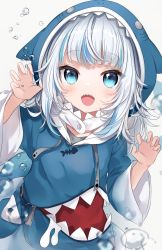 Rule 34 | 1girl, :d, air bubble, animal costume, animal hood, blue eyes, blue hair, blue hoodie, blunt bangs, blush, bubble, chocola vt, claw pose, fins, fish tail, gawr gura, gawr gura (1st costume), grey hair, highres, hololive, hololive english, hood, hood up, hoodie, long hair, long sleeves, multicolored hair, open mouth, shark costume, shark girl, shark hood, shark tail, sharp teeth, sidelocks, smile, solo, streaked hair, tail, teeth, virtual youtuber, white background, wide sleeves