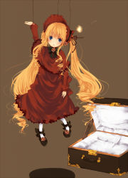 Rule 34 | 00s, 1girl, arm up, blonde hair, bonnet, doll, dress, long hair, long sleeves, looking at viewer, mary janes, red dress, rozen maiden, shinku, shoes, solo, string, suitcase, umi (umi02), very long hair
