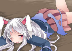 Rule 34 | 1girl, animal ears, bad id, bad pixiv id, blazer, blush, rabbit ears, commentary request, hammer (sunset beach), jacket, long hair, lying, on stomach, one eye closed, open mouth, red eyes, reisen udongein inaba, silver hair, skirt, slime (substance), solo, touhou
