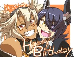 Rule 34 | 10s, 2girls, bare shoulders, blonde hair, cheek-to-cheek, collarbone, commentary request, dark-skinned female, dark skin, eyepatch, fangs, fingerless gloves, glasses, gloves, holding hands, happy birthday, heads together, kantai collection, multiple girls, musashi (kancolle), purple hair, red eyes, short hair, smile, tenryuu (kancolle), text focus, translation request, tsuzuki masumi, two side up, yellow eyes