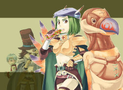 Rule 34 | 1boy, 2girls, animal, armor, bird, blue cape, blue hair, boobplate, breastplate, brown cape, brown eyes, brown hair, brown headwear, brown legwear, brown skirt, cape, coat, commentary request, cowboy shot, cross, eating, flat cap, food, gauntlets, green cape, green hair, hat, high priest (ragnarok online), holding, holding food, leg armor, long hair, long sleeves, looking at another, looking at viewer, mask, multicolored coat, multiple girls, navel, nyt (1-0-z), open mouth, oversized animal, paladin (ragnarok online), pauldrons, peco peco, ragnarok online, red-framed eyewear, red coat, sandwich, short hair, shoulder armor, skirt, solo focus, striped clothes, striped headwear, thighhighs, top hat, two-tone coat, waist cape, white coat