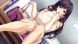 Rule 34 | 1girl, absurdres, amagi ryou, bag, black hair, boku to joi no shinsatsu nisshi, bookshelf, breasts, brown eyes, cameltoe, clothing cutout, dress, dutch angle, female focus, from below, game cg, groin, handbag, head rest, highres, indoors, knees together feet apart, large breasts, legs, long hair, looking at viewer, monety, open mouth, original, panties, pantyshot, shoulder cutout, sitting, sitting on table, solo, table, thighs, turtleneck, underwear