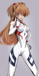Rule 34 | 1girl, :p, blue eyes, bodysuit, breasts, brown hair, curvy, evangelion: 3.0+1.0 thrice upon a time, eyepatch, grey background, hair ornament, hand on own hip, highres, interface headset, long hair, long sleeves, looking at viewer, neon genesis evangelion, plugsuit, rebuild of evangelion, simple background, skin tight, smile, solo, souryuu asuka langley, tongue, tongue out, turtleneck, two side up, very long hair, white bodysuit, wide hips, yagisawa teru