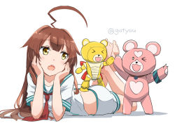 Rule 34 | &gt; &lt;, &gt; o, 10s, 1girl, :o, ahoge, aoki hagane no arpeggio, ass, barefoot, bear, beargguy iii, blush, bracelet, breasts, brown hair, closed eyes, commentary request, elbow rest, fang, gotyou, gundam, gundam build fighters, hands on own cheeks, hands on own face, heart, high five, huge ahoge, jewelry, kantai collection, kirishima (aoki hagane no arpeggio), kuma (kancolle), long hair, looking to the side, lying, midriff, neckerchief, no legwear, on floor, on stomach, one eye closed, open mouth, red neckerchief, sailor collar, school uniform, serafuku, shadow, shirt, short sleeves, shorts, simple background, small breasts, standing, standing on person, twitter username, white background, white shirt, white shorts, yellow eyes, yotarou (aoki hagane no arpeggio)