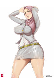 Rule 34 | 1girl, belt, blush, breasts, formal, green eyes, highres, hijab, large breasts, miniskirt, nigaw, office lady, original, pencil skirt, pinstripe pattern, pinstripe suit, simple background, skirt, skirt suit, solo, striped, suit, white background