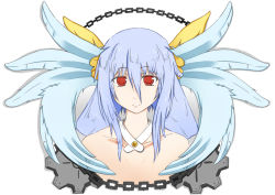 Rule 34 | 1girl, blue hair, chain, choker, closed mouth, dizzy (guilty gear), dokkanohukukaityou, feathers, gears, guilty gear, guilty gear x, guilty gear xx, hair between eyes, hair ribbon, long hair, looking at viewer, pectorals, portrait, red eyes, ribbon, solo