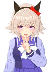 Rule 34 | 1girl, 2-butani, absurdres, animal ears, blue shirt, blush stickers, bow, closed mouth, collarbone, commentary request, cropped torso, curren chan (umamusume), ear bow, hair between eyes, hand up, highres, horse ears, horse girl, index finger raised, light brown hair, one eye closed, pointing, purple bow, purple eyes, red bow, school uniform, shirt, short sleeves, simple background, solo, tracen school uniform, umamusume, upper body, white background