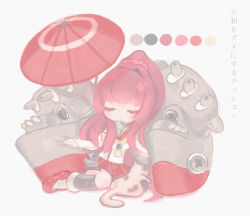 Rule 34 | 10s, 1girl, animal, bad id, bad pixiv id, brown hair, buttons, cat, cherry blossoms, color guide, closed eyes, hair intakes, kantai collection, long hair, machinery, oil-paper umbrella, okayu (headless), pillow, pleated skirt, ponytail, red skirt, skirt, sleeping, solo, translation request, turret, umbrella, yamato (kancolle)