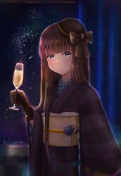 Rule 34 | 1girl, alcohol, blue eyes, blush, bow, brown hair, champagne, champagne flute, cup, curtains, drinking glass, expressionless, gloves, hair over shoulder, hat, hat bow, highres, holding, holding cup, japanese clothes, kimono, lace, lace gloves, led awaame, long hair, long sleeves, looking at viewer, night, night sky, oni, original, sky, star (sky), starry sky, striped clothes, striped kimono, very long hair, wide sleeves, window