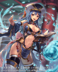 Rule 34 | 1girl, :d, armor, armpits, bare shoulders, bikini, bikini top only, black thighhighs, blue hair, blush, book, boots, breastplate, breasts, brown eyes, cleavage, cowboy shot, cuboon, detached sleeves, hair between eyes, hat, holding, holding book, indoors, large breasts, long hair, long sleeves, looking at viewer, lost crusade, midriff, navel, official art, ofuda, open book, open mouth, original, pelvic curtain, pillar, revealing clothes, smile, solo, stomach, swimsuit, thigh boots, thighhighs, water, wide sleeves