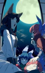 Rule 34 | 3girls, animal ears, black shirt, blue bow, blue hair, bow, brooch, brown hair, cape, cloak, closed eyes, dango, disembodied head, dress, drill hair, drill sidelocks, dumpling, fins, floating head, food, frilled kimono, frills, full moon, grass root youkai network, green kimono, hair bow, head fins, headpat, high collar, highres, imaizumi kagerou, japanese clothes, jewelry, kimono, long hair, long sleeves, mermaid, mitsubamushi coreless, monster girl, moon, multiple girls, open mouth, pout, red cape, red cloak, red eyes, red hair, sekibanki, shirt, short hair, sidelocks, skewer, smile, tail, touhou, wagashi, wakasagihime, white dress, wide sleeves, wolf ears, wolf tail