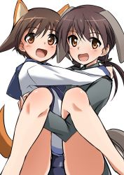 Rule 34 | 2girls, animal ears, brown eyes, brown hair, carrying, dog ears, dog tail, gertrud barkhorn, hair between eyes, highres, holding person, looking at viewer, miyafuji yoshika, multiple girls, open mouth, princess carry, sailor collar, sailor shirt, school swimsuit, shirt, short hair, smile, strike witches, swimsuit, tail, tricky 46, uniform, white shirt, world witches series