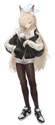 Rule 34 | 1girl, alternate costume, animal ear fluff, animal ears, black gloves, black jacket, blonde hair, blue archive, blue eyes, blue halo, blush, brown pantyhose, coffee cup, cross-laced footwear, cup, dainillust, disposable cup, eyes visible through hair, full body, fur-trimmed jacket, fur trim, gloves, grin, hair over one eye, halo, hand in pocket, highres, holding, holding cup, jacket, kanna (blue archive), long hair, long sleeves, pantyhose, sharp teeth, shoes, shorts, smile, sneakers, solo, sweater, teeth, transparent background, turtleneck, turtleneck sweater, white shorts, white sweater