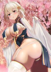 Rule 34 | 1girl, ass, azur lane, black dress, blush, braid, breast curtains, breasts, brown hair, cherry blossoms, cherry tree, commentary request, commission, dress, dyne gallon, flower, garter straps, hair between eyes, hair flower, hair ornament, highres, large breasts, light brown hair, looking at viewer, official alternate costume, outdoors, panties, shawl, short hair, simple background, sirius (azur lane), sirius (azure horizons) (azur lane), skeb commission, standing, thighhighs, thighs, twisted torso, underwear, white panties, white thighhighs