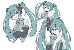 Rule 34 | 1girl, :d, bare shoulders, black sleeves, blue eyes, blue hair, blue necktie, blush, closed eyes, collared shirt, cropped torso, crossed arms, detached sleeves, facing viewer, flat color, frilled shirt, frills, grey shirt, hair between eyes, hands up, hatsune miku, headset, heart, highres, long hair, long sleeves, looking at viewer, microphone, multiple views, naguno-0713, necktie, number tattoo, open mouth, shirt, sidelocks, simple background, sleeveless, sleeveless shirt, smile, tattoo, teeth, tie clip, twintails, very long hair, vocaloid, white background, x fingers